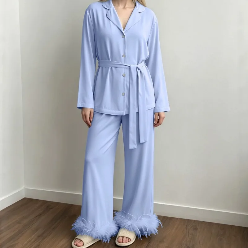 2026 New Women's Blue Long-Sleeved Pajama Set Feather Lace-Up Trousers Perfect Autumn and Winter Loungewear Long Pants Sleeves