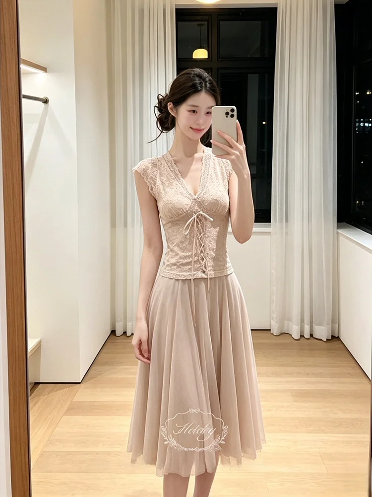 

Chunyu Style Summer New Pure Desire Slim Fit Top Skirt Set mid Length a Line Skirt Beautiful Women's Fashion Casual Workwear