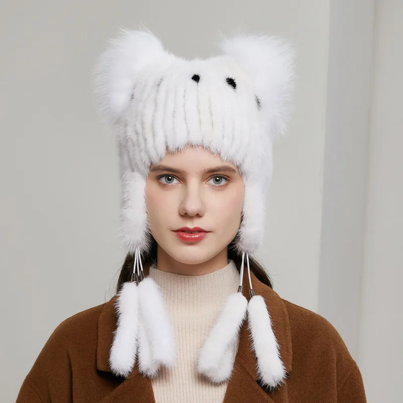 Hot-selling autumn and winter mink fur warm women's hat, thick ear-protecting mink knitted fox fur tassel