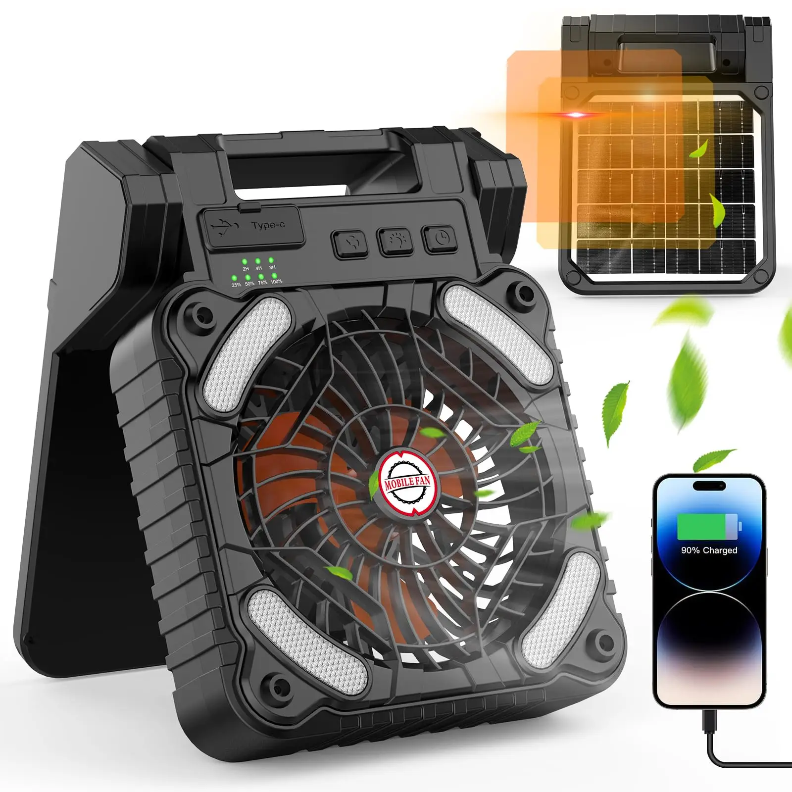 

4 Speeds Portable Solar Camping Fan,10400mAh Rechargeable Battery Operated Fans with LED Light & Timing Function