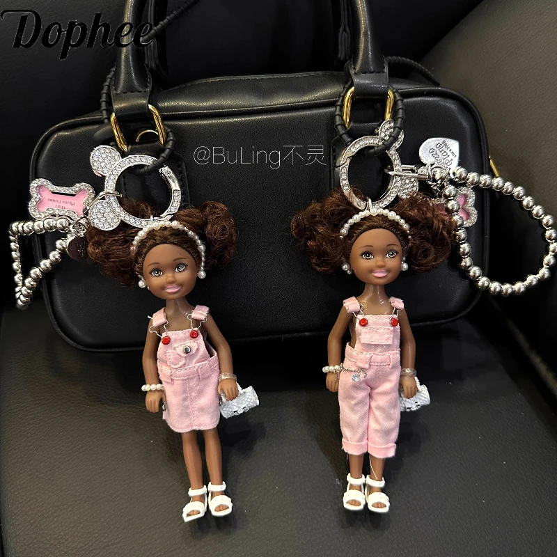 Dophee Original Personality Bag Pendant Pink Denim Overalls Black Big Hair Rhinestone Beads Backpack Pendant Women Keychains