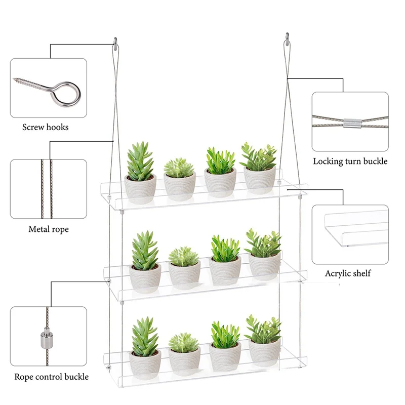 

AONEQ-3-Tier Window Plant Shelves 16 Inch, Acrylic Adjustable Hanging Floating Shelf, Window Sill Extender For Indoor Plants
