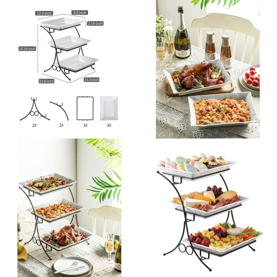 

Large Tiered Tray Stand, 3 Tier Serving Tray Porcelain Baking Set with Serving Stand 3 Tier Buffet Server for Fruit, Dessert, Food Display Stand for Party, Thanksgiving
