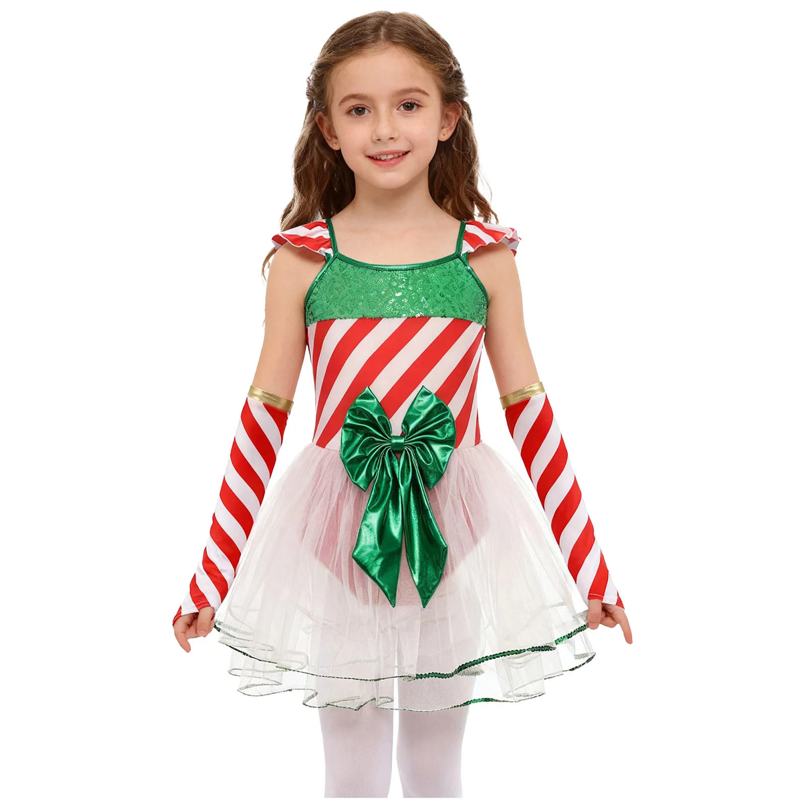 أطفال بنات الترتر عيد الميلاد ملابس رقص قصب الحلوى مخطط Bowknot شبكة الباليه توتو فستان + بأكمام طويلة سانتا التزلج ثياب #3