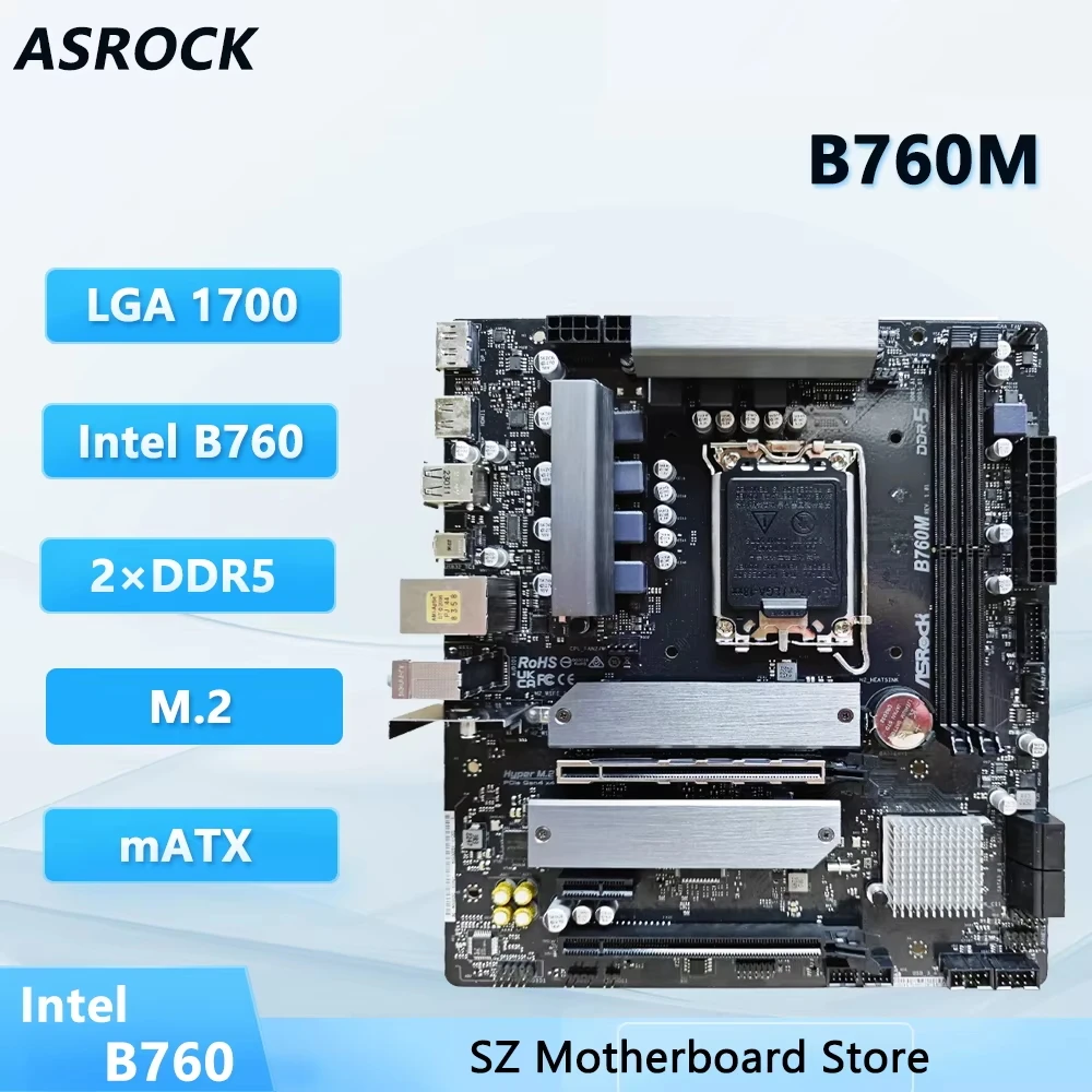 Placa base ASrock B760 B760M LGA 1700 DDR5 Micro ATX M.2 compatible con procesadores Core i5-13600, Core I9-13900, Core I7-13700T, Core i3-12100.