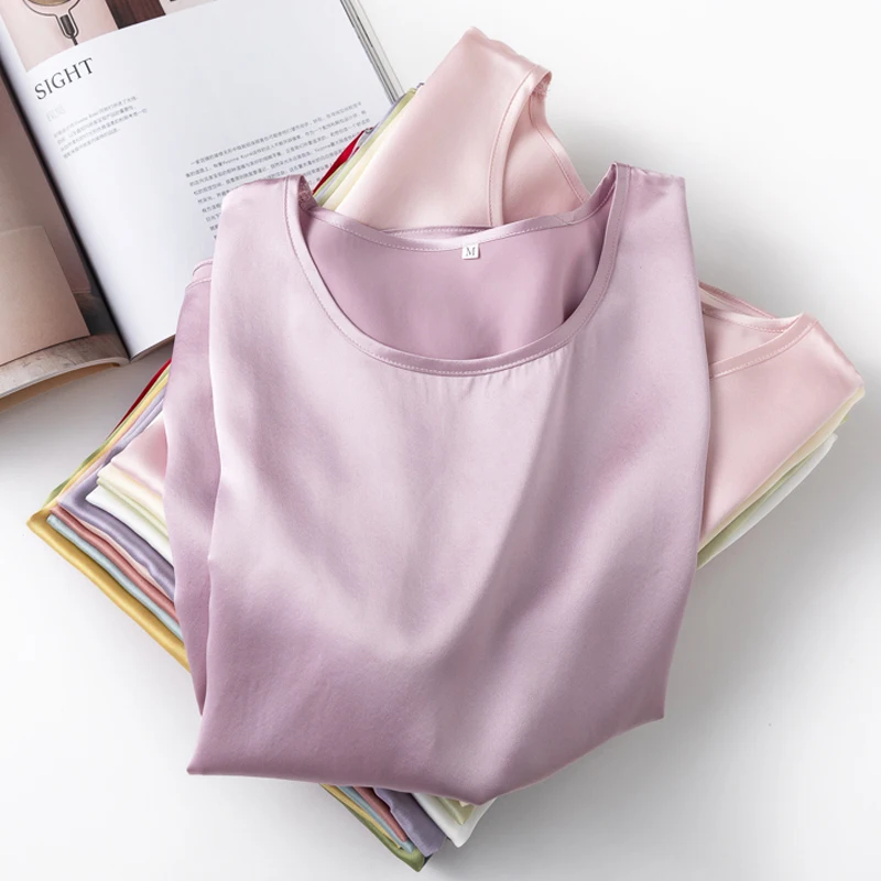 100% Mulberry Silk Women's Short Sleeve O-neck T-shirts Tops Summer Basic All-match Style Female Solid Real Silk Satin T-shirt