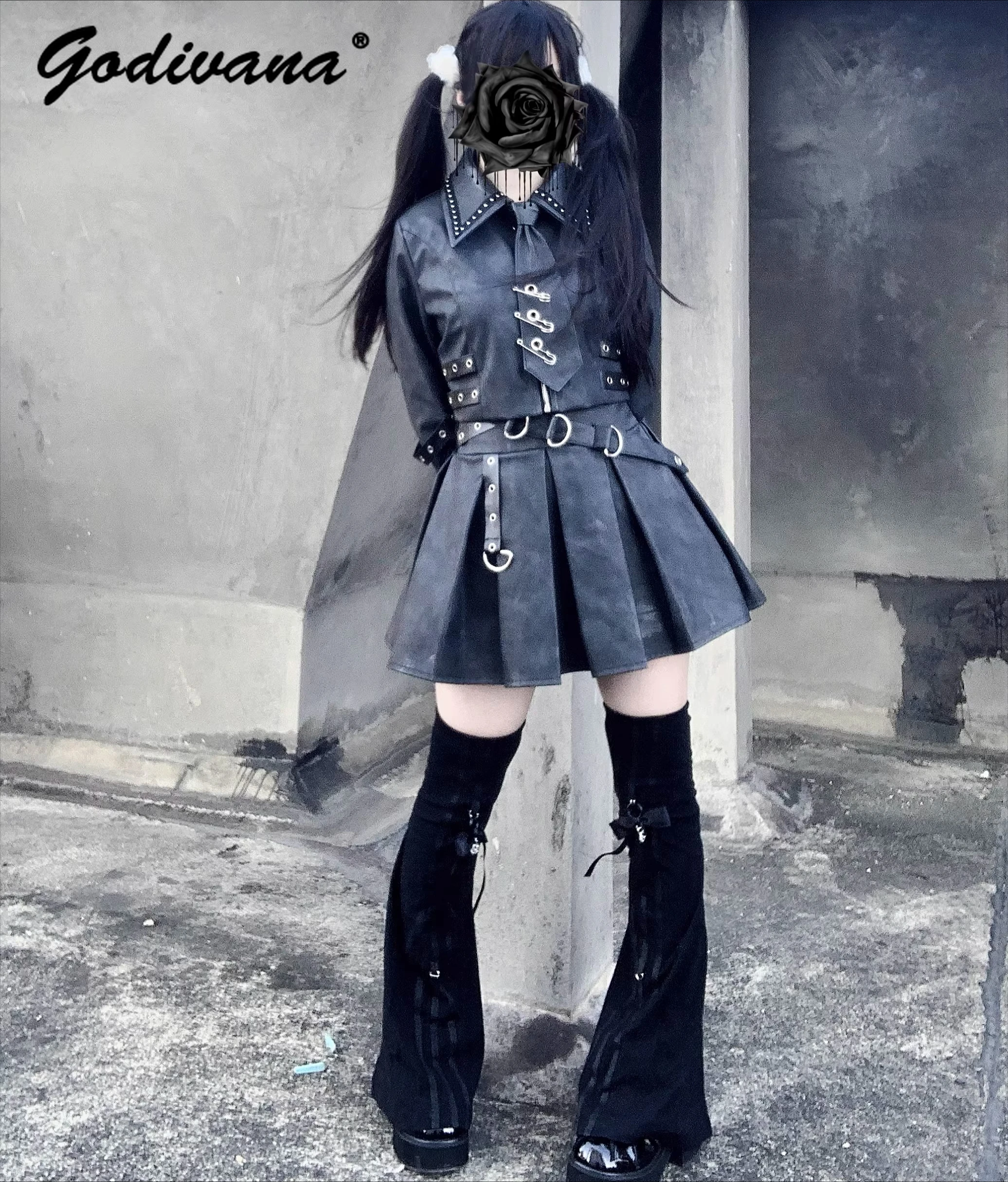 

Original Subculture Gothic Matte PU Leather Jacket and Short Skirt 2 Piece Set Cool Girl Women's Handsome Skirt Suit Outfits