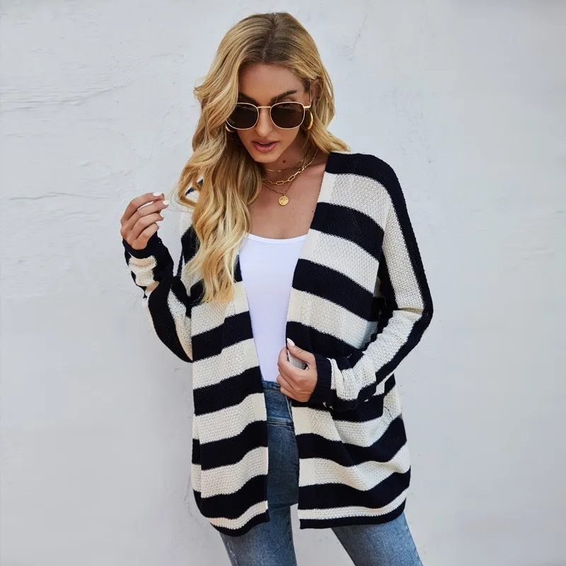 Lazy Style Cardigan Jacket For Women Black And White Striped Contrasting Bat Sleeves Trendy Knitted Jacket Autumn Versatile New