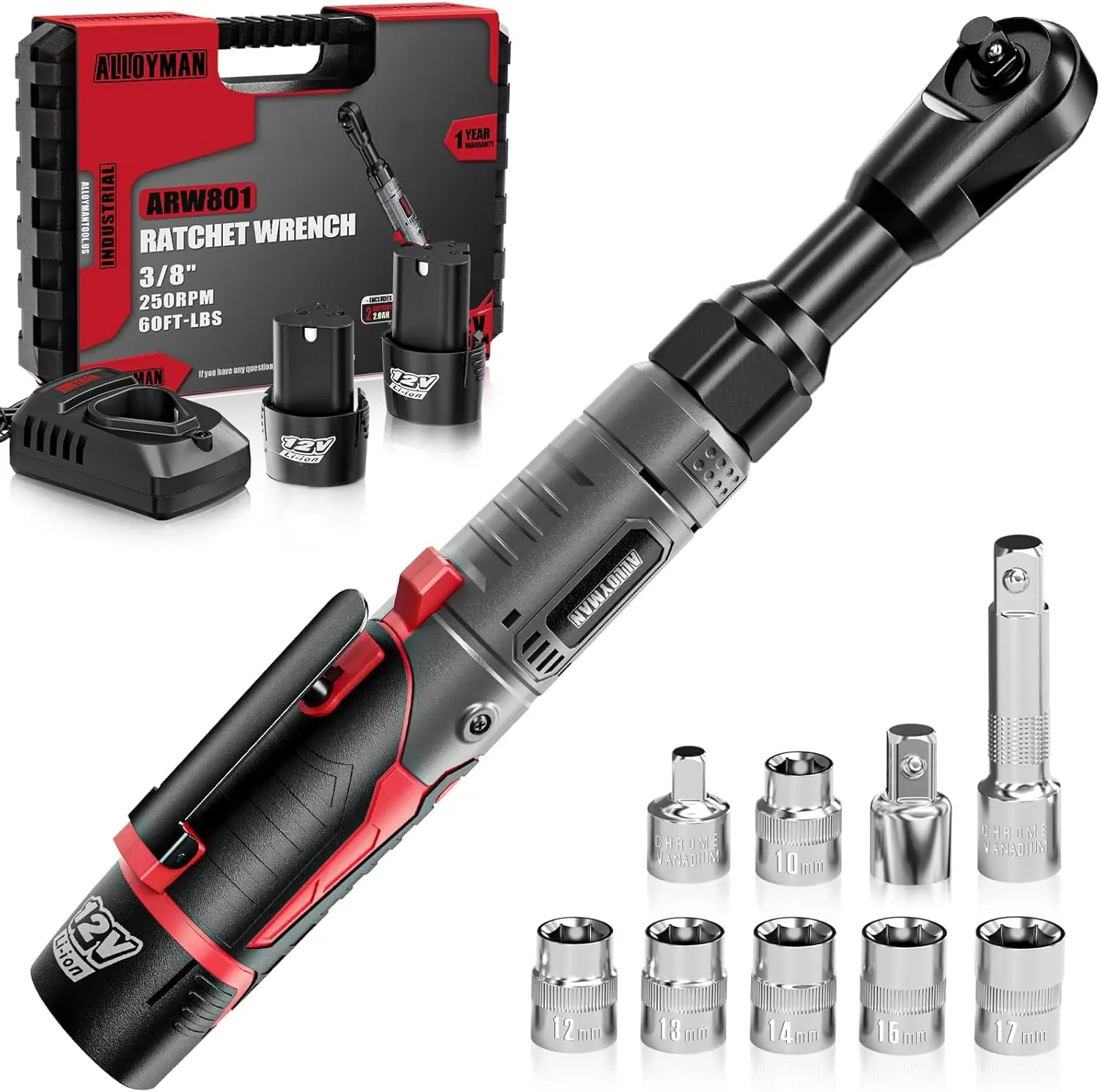 

60ft-lbs 12V Cordless Ratchet Wrench Set with 2 Batteries & 6 Sockets, Compact Extended Head for Tight Spaces