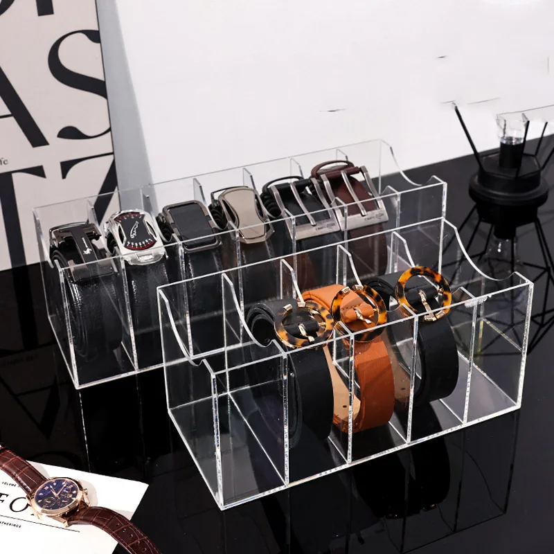 Clear Acrylic Belt Organizer with Dividers, Multi-Grid Desktop Belt Storage Box, Multifunctional Drawer Display Container for Belts, Ties, Bow Ties & Cosmetics, Closet Accessory Storage Holder for Men Women Home Use