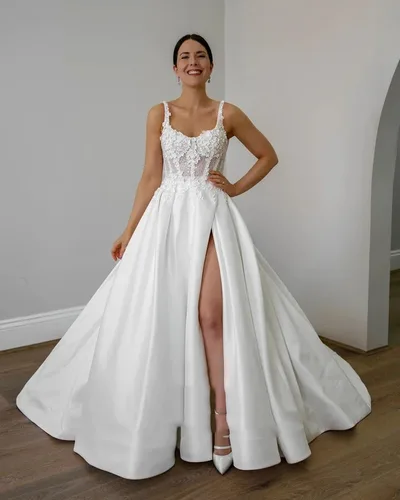 Imagen 2 del producto SoDigne, vestidos de novia de satén de línea A para mujer, Apliques de encaje, vestido de novia con abertura lateral, vestidos de novia para fiesta de boda personalizados