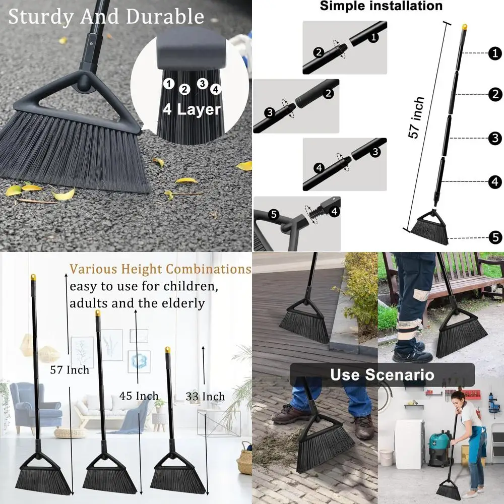 

Dual Heavy-Duty Angle Brooms with Long Poles for Indoor and Outdoor Cleaning, Suitable for Kitchen and Courtyard, Black