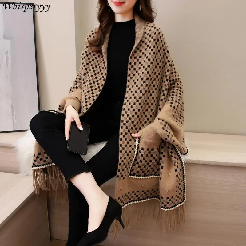 Shawl Women's Sweater Cloak Autumn Winter With Belt Sleeves Thicken Warm Cardigan Diamonds Tassel Poncho Knitted Cape Femme