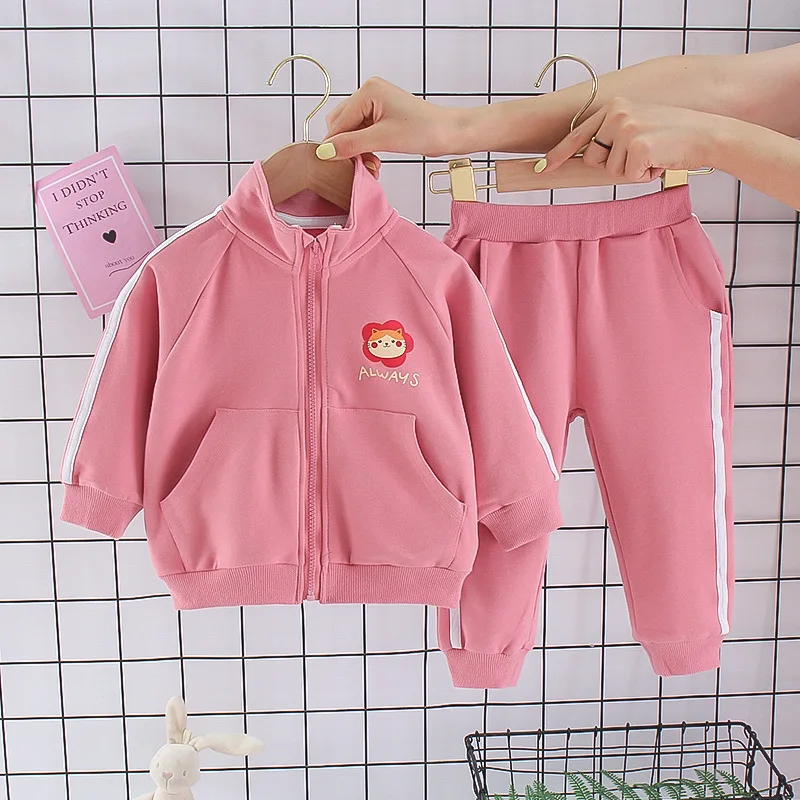 

Girls Clothing Cute Cartoon Pink Set Spring Autumn Long Sleeve Zipper Sets Coat + Pants Two-piece Infant Clothes 1-7 Years Old