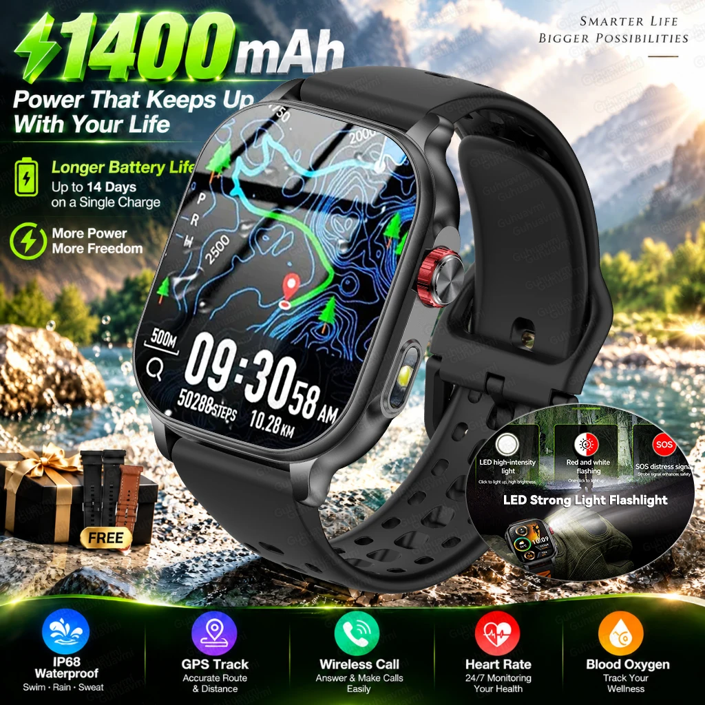 Top1 New 1400mAh Military Outdoor Smartwatch 2.01 Inches LED Flashlight IP68 Waterproof Heart Rate Bluetooth Call Sports Watches