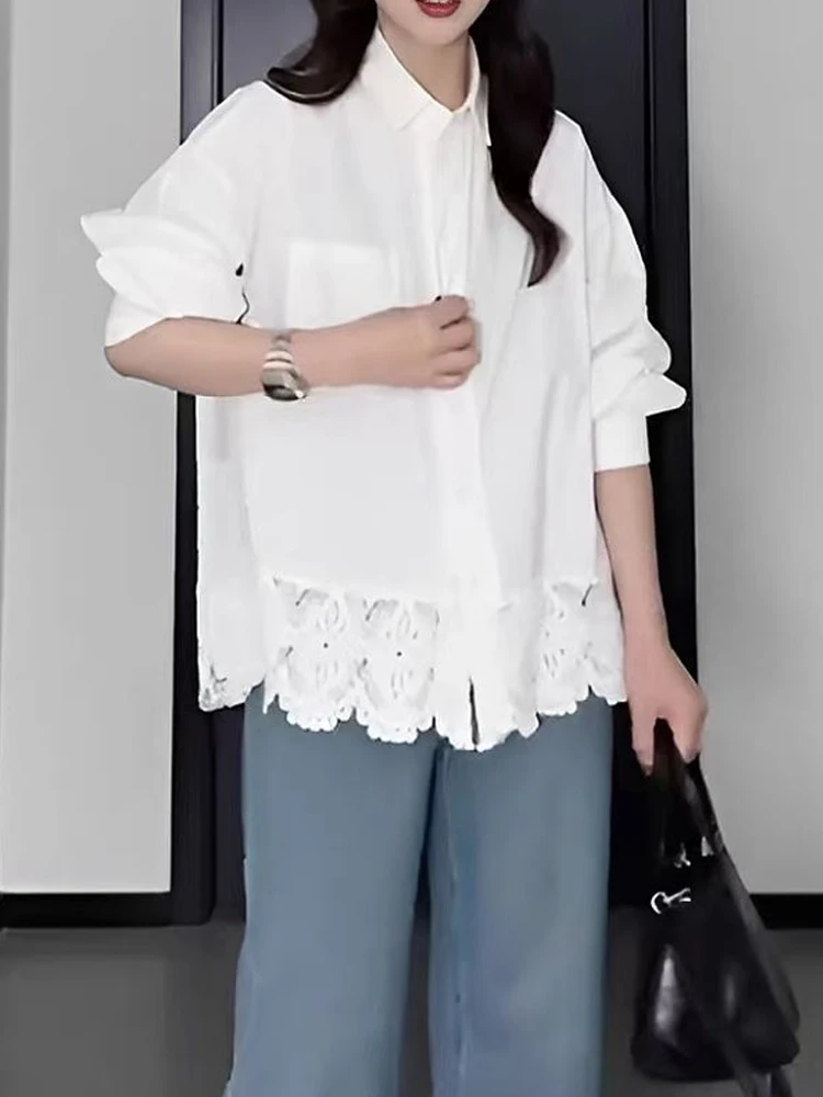 2025 Autumn Casual Women's Oversize Shirts Korea Style Button Up White Shirt Lace Patchwork Long Sleeve Female Cardigan Blouse