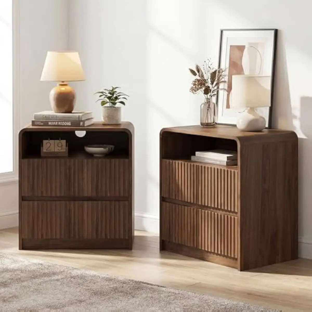 Nightstand Set of 2,Fluted Nightstand with Charging Station & LED Light,Wooden Bedside Table with Curved Profile Design,2 Drawer