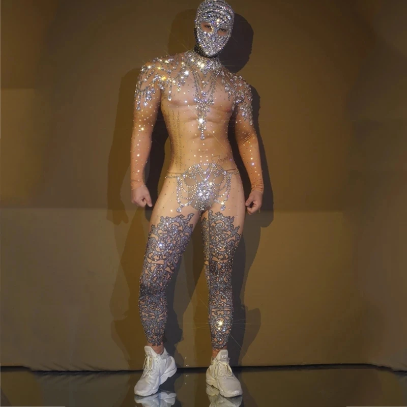 

Sexy Rhinestones Club Rompers Muscle Man Nude Print Jumpsuit Stones Headwear Male Gogo Dancer Costume Festival Outfit