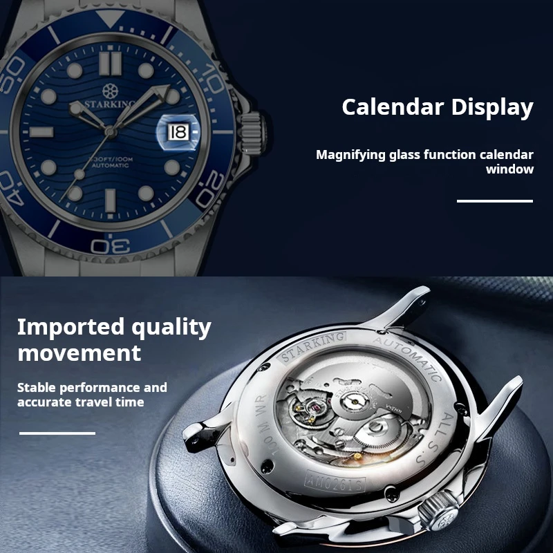 STARKING Brand 100M Diving Sports Mechanical Watch for Men Stainless Steel Waterproof Luminous Calendar Fashion Blue Watches Men