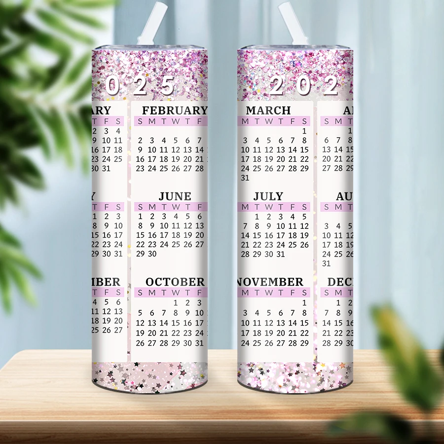 20oz Skinny Straight Tumblers Straw Lid 1Pc Print 3D 2025 Calendar Stainless Hot Cold Insulated Mugs Festive Party Gifts Cups