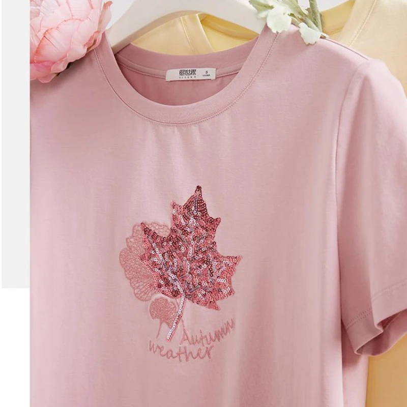 New Summer Women's Solid Colors O-Neck Short Sleeve Loose Plus Size Korean Pullovers Beaded Fashion Casual All-match Tops