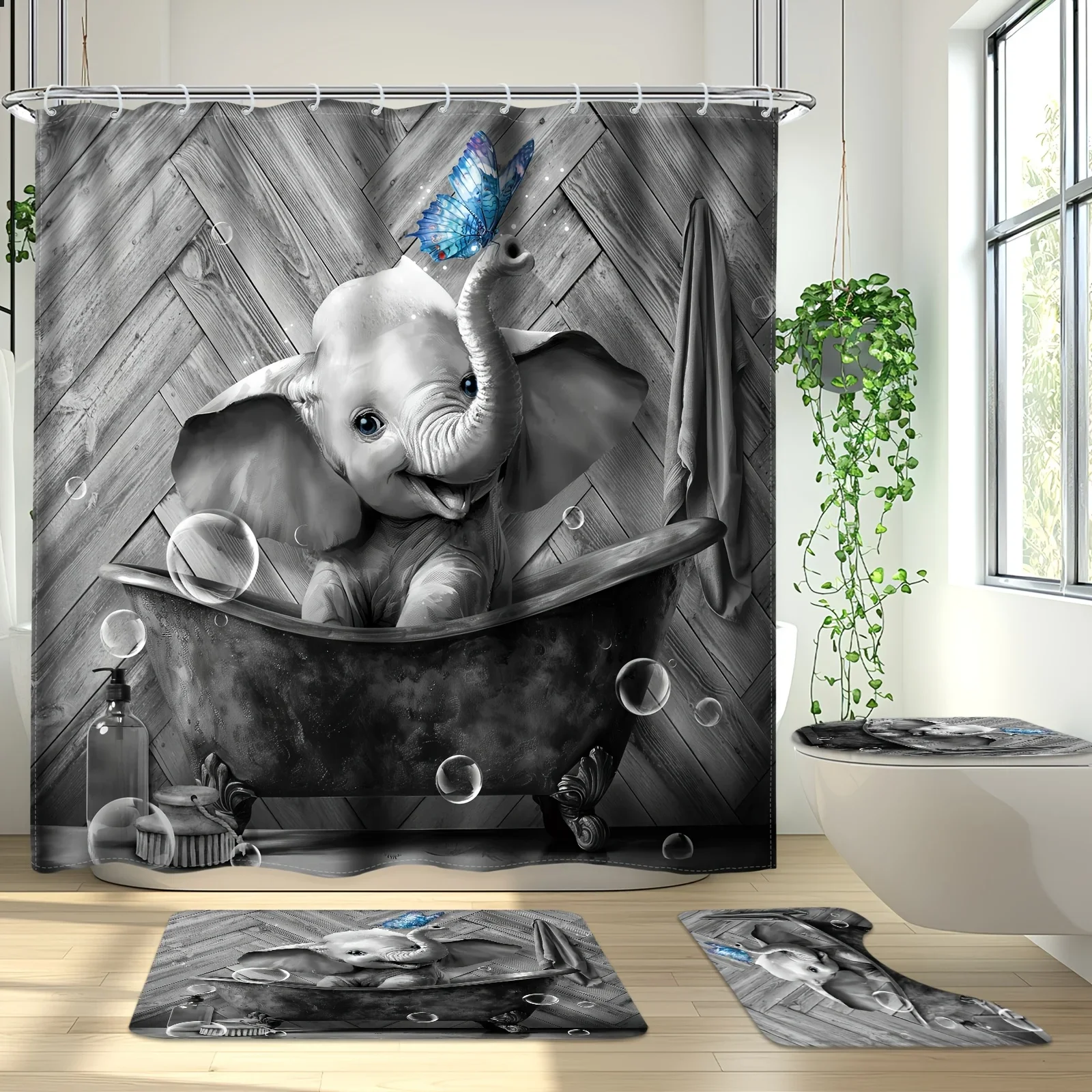 

Adorable Baby Elephant Bathroom 4-Piece Set: Shower Curtain, Bath Mat, Toilet Cover, and Tank Cover – Cute Home Decor