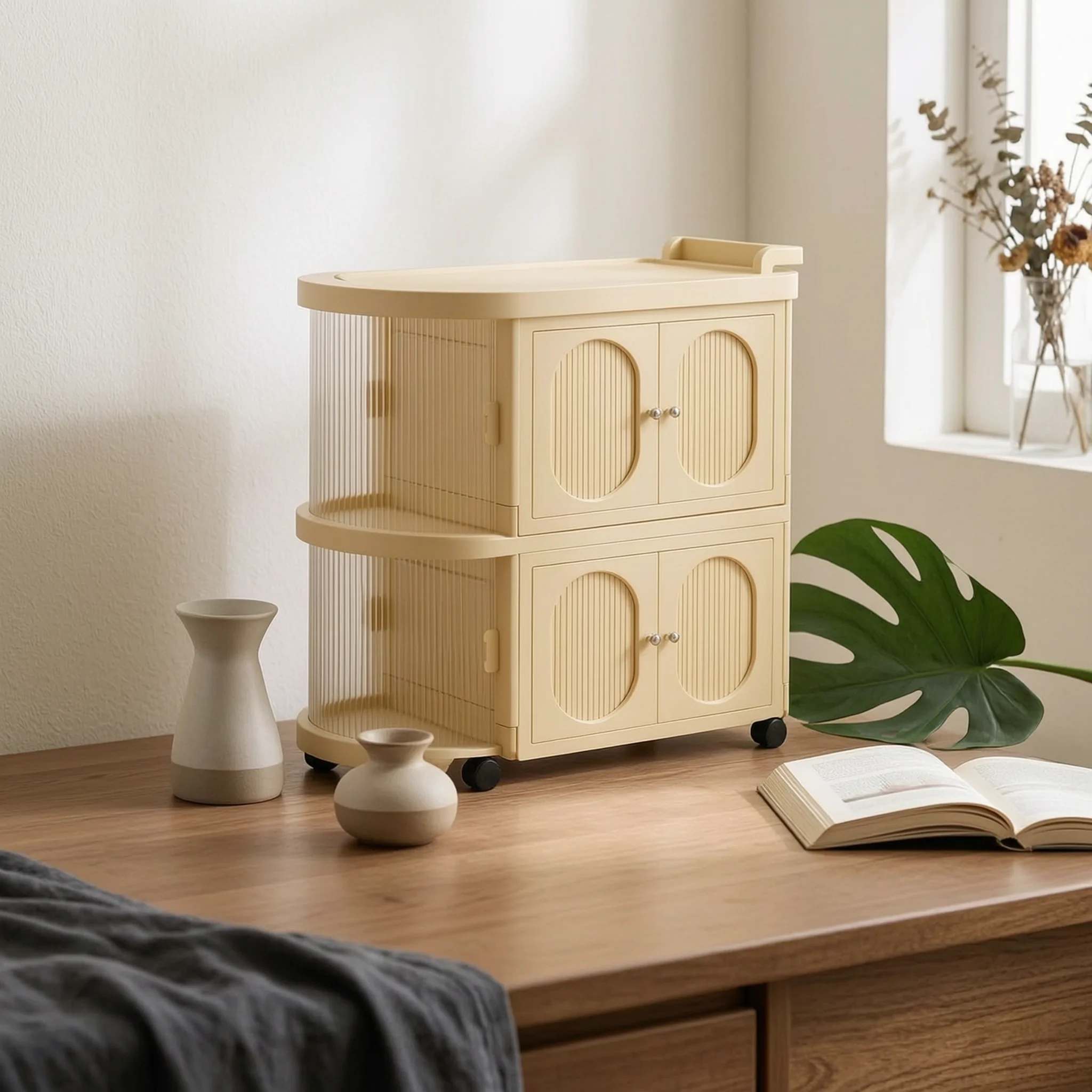 two-tier-nursery-cabinet-mobile-folding-baby-cabinet-oval-handles-foldable