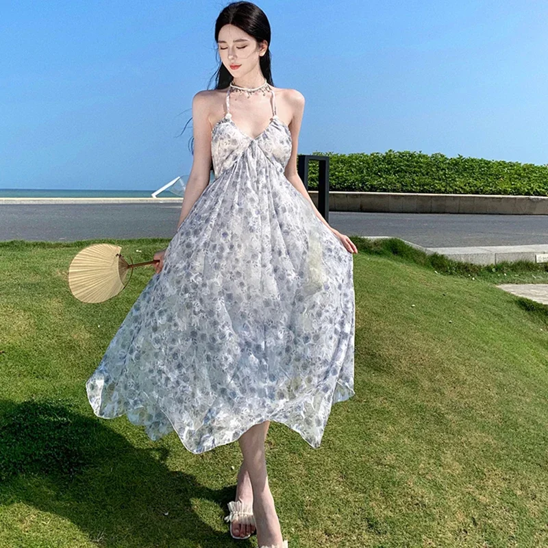 

2024 New Summer Women Backless Beach Sundress Floral Vacation Strappy Y2K Dress Casual Long Elegant Lolita Ladies Quinceanera