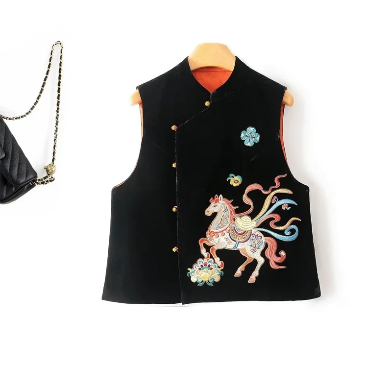 

Новые женские жилеты и кардиганы: вельветовый жилет без рукавов в ретро-китайском стиле, свободное пальто с вышивкой и контрастным воротником