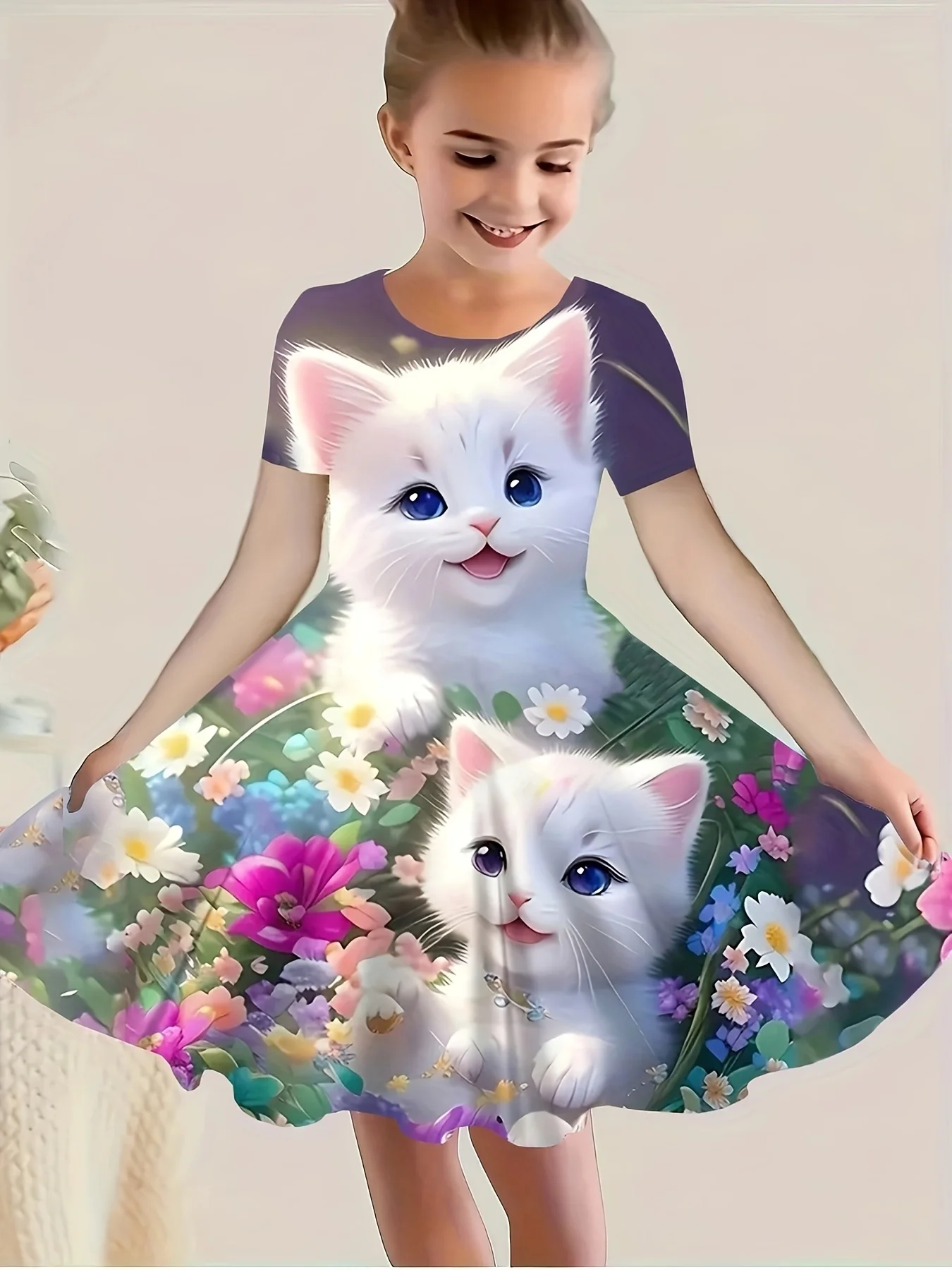 2024 Summer Dress Girls Cute Cartoon 3d Cute Cat Printed Dresses Girl Party Short Sleeve Princess Dress Casual Girls Clothing