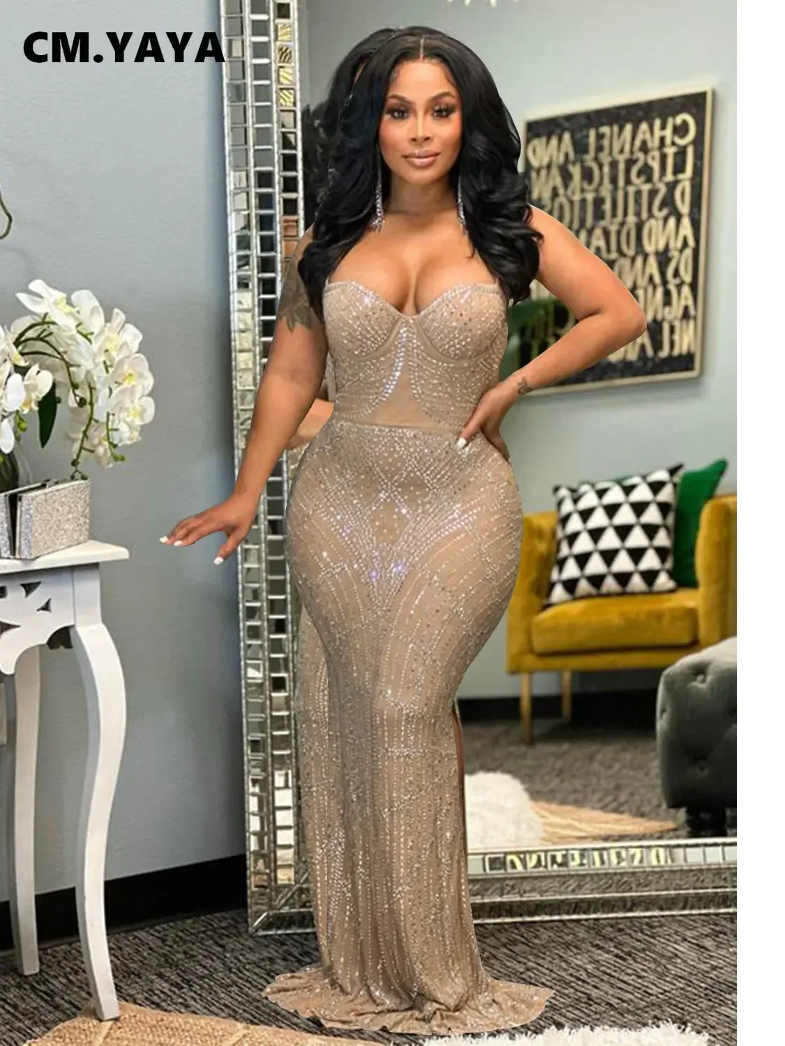 

Women Mesh Diamonds Hot Rhinestones Spaghetti Strap Bodycon Midi Mermaid Maxi Dress Evening Sexy Party Dresses Vestidos