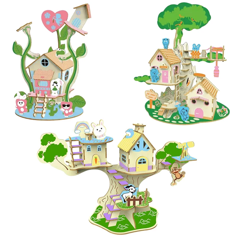 Love Forest Animal Tree House 3D Wooden Puzzle Simulation Assembly Model Handmade DIY Building Toys For Children Girls