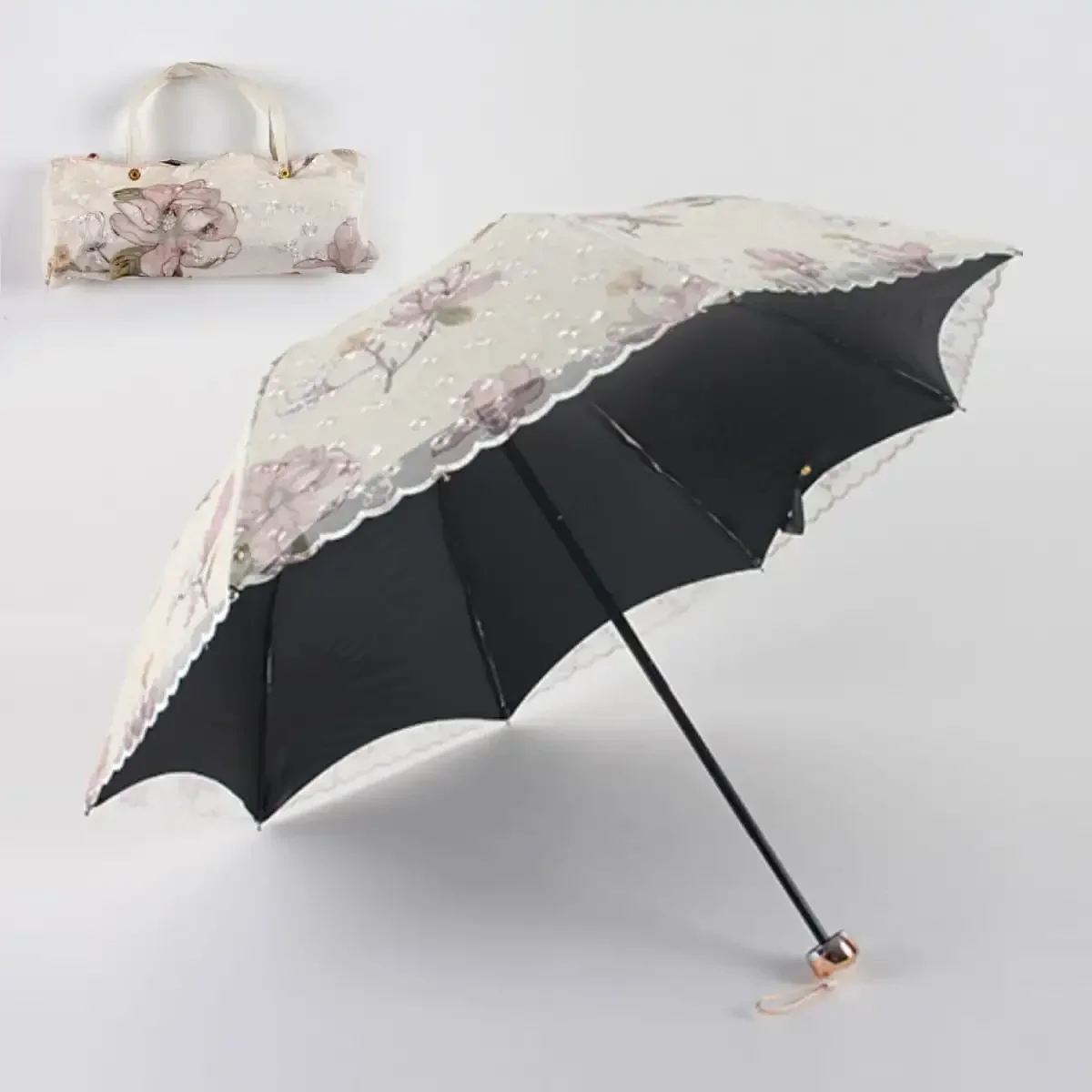 Embroidered lace double layer umbrella UV protection rain and snow folding umbrella Small and Portable Princess Wind and Rain