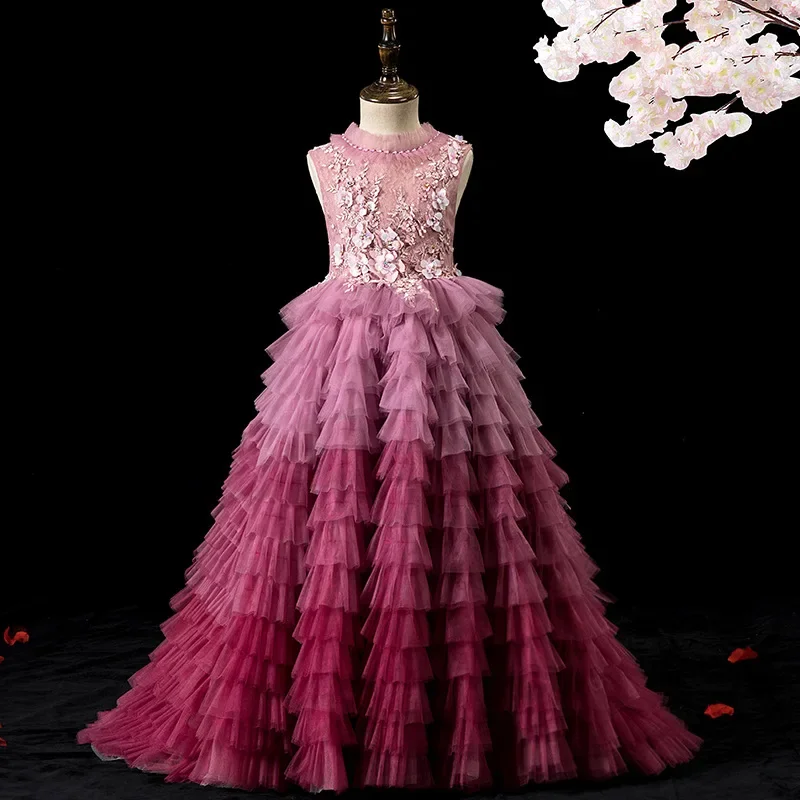 

Girls Catwalk Beauty Pageant Pink Trailing Dress Children's First Communion Ball Vestidos Piano Performance Host Evening Dress