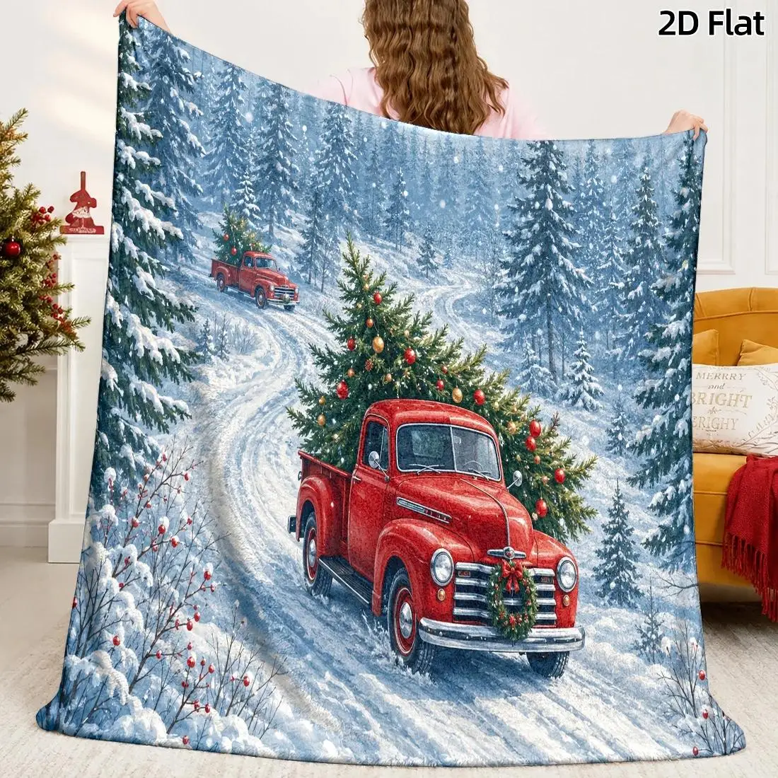 1pc 2D Flat Christmas Tree Transport Pattern Blanket, Vintage Oil Painting Truck Illustration, White Background with Red Wreath