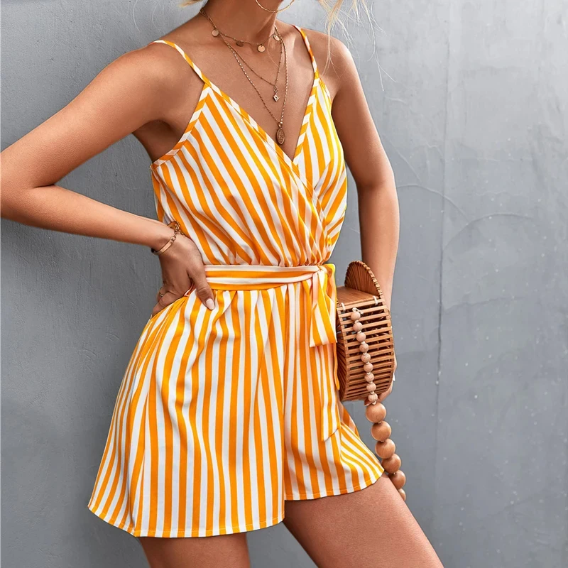 Sleeveless Summer Sexy Striped Jumpsuit Casual Lace-up Women Dress V-neck Suspender Women Fashion Backless Yellow Vestidos