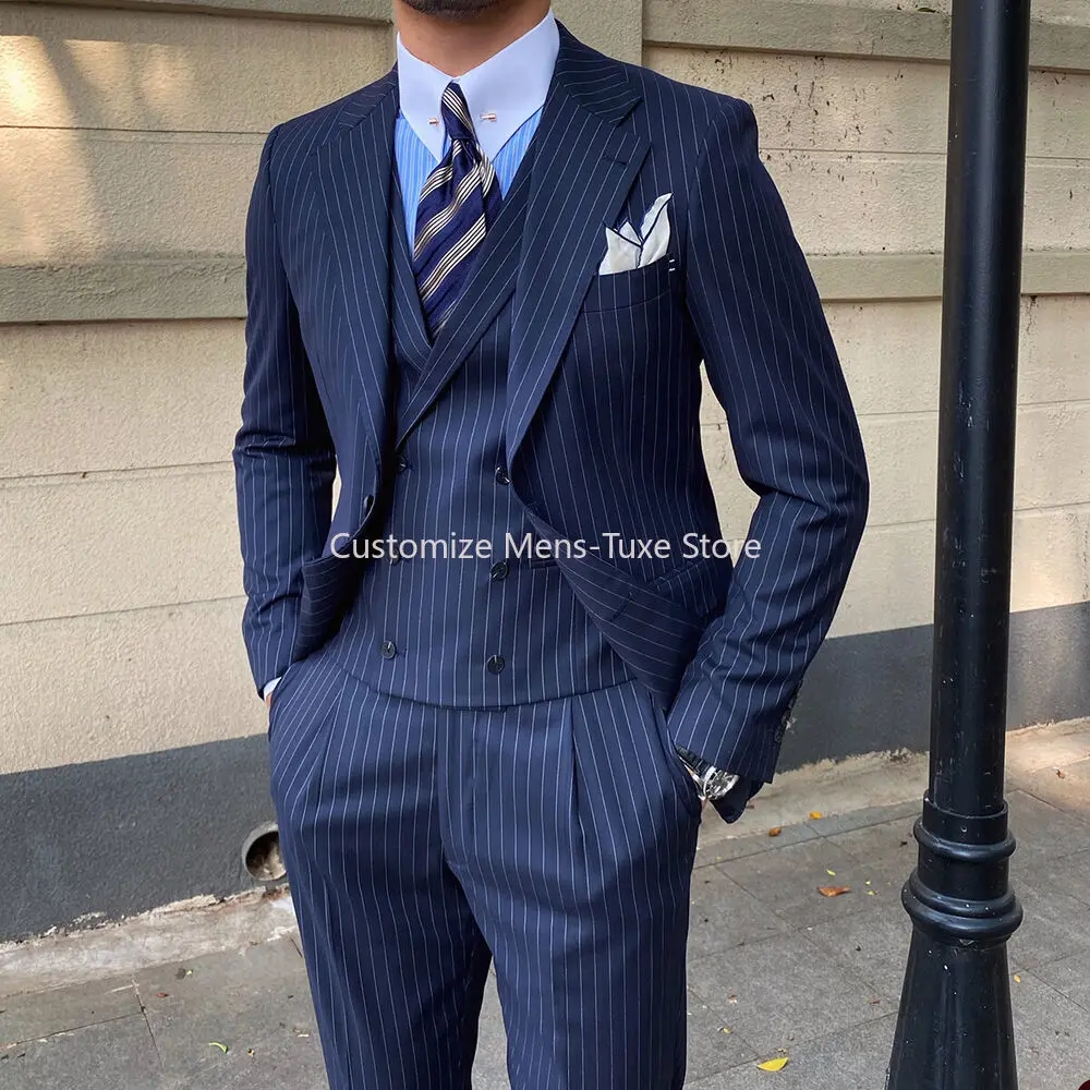 

Navy Blue Men Suits Striped Single Breasted Regular Wedding Formal Peak Lapel 3PCS