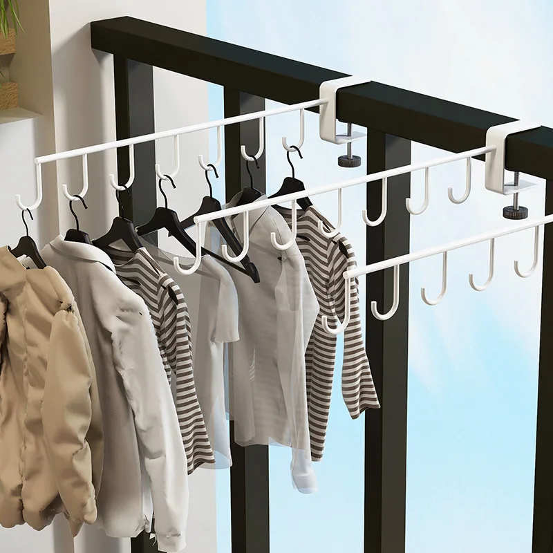 Hanging Clothes Rack with Hooks Punch Free Clothes Drying Rack Heavy Duty Clothes Storage Rod