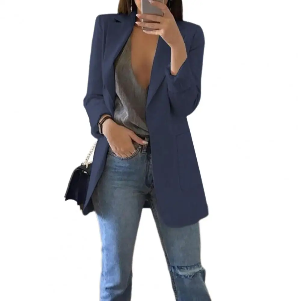 Suit Jacket Elegant Lapel Suit Coat with Big Pockets for Women Long Sleeve Open Front Business Outwear Solid Color Commuting