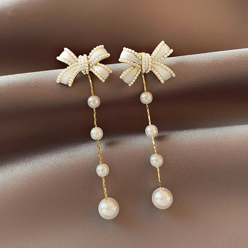 Delicate Sweet Flower Bow Pearl Drop Earrings for Women Elegant Bowknot Long Tassel Earrings Girls Party Wedding Jewelry Gift