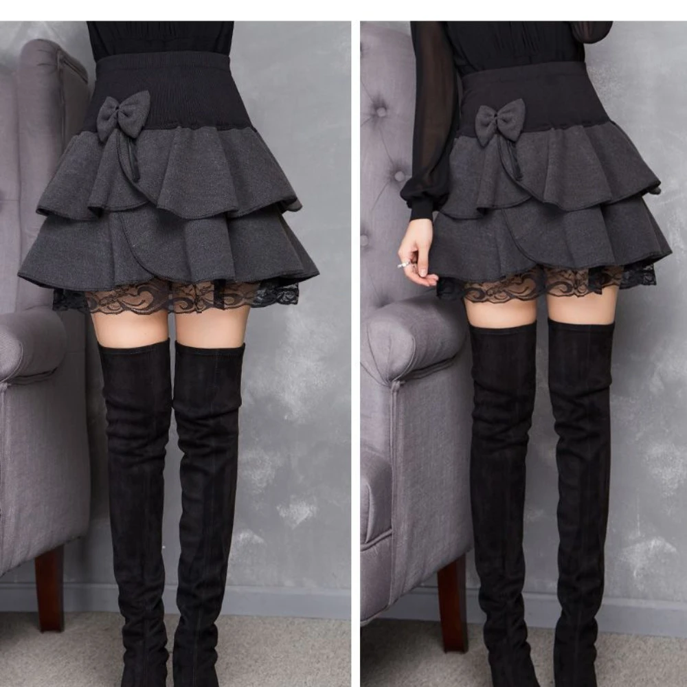 2025年 レディース ゴシックロリータ ティアードミニスカート - リボン付きレーストリム フレアスカート 秋冬用、甘くてエッジの効いたスタイル