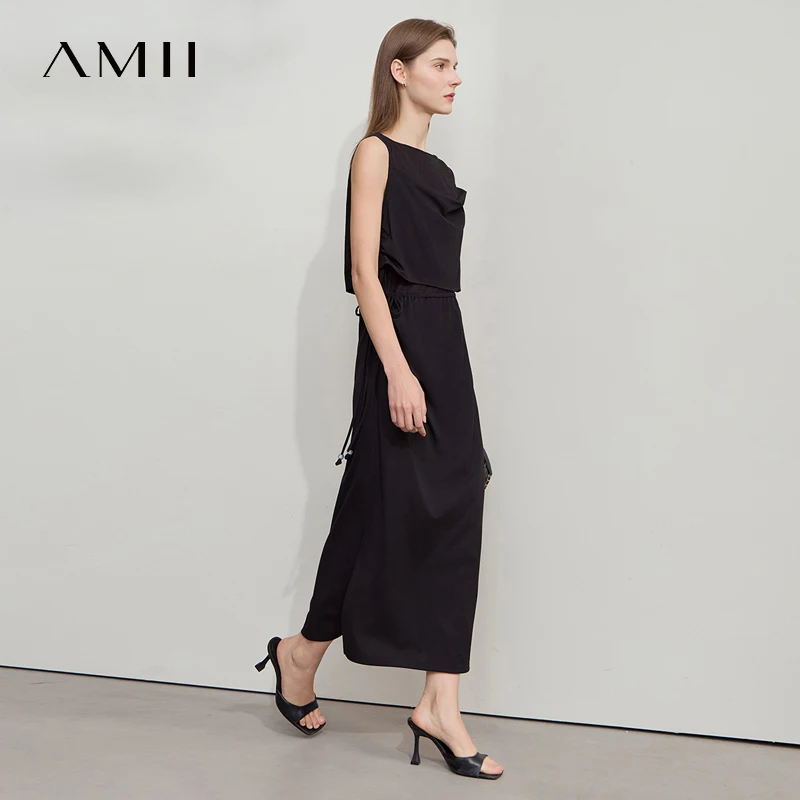 Amii minimalistische casual jurk dames 2023 zomer nieuwe kantoor dame lichte luxe mouwloze gebreide midi-jurken met trekkoord 12542115