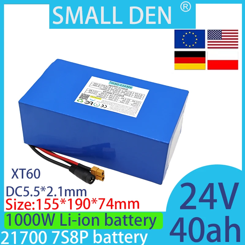 New 24V 40ah 21700 lithium battery pack 7S8P BMS electric scooter motorcycle European and American duty-free+2A 3A 5A charger