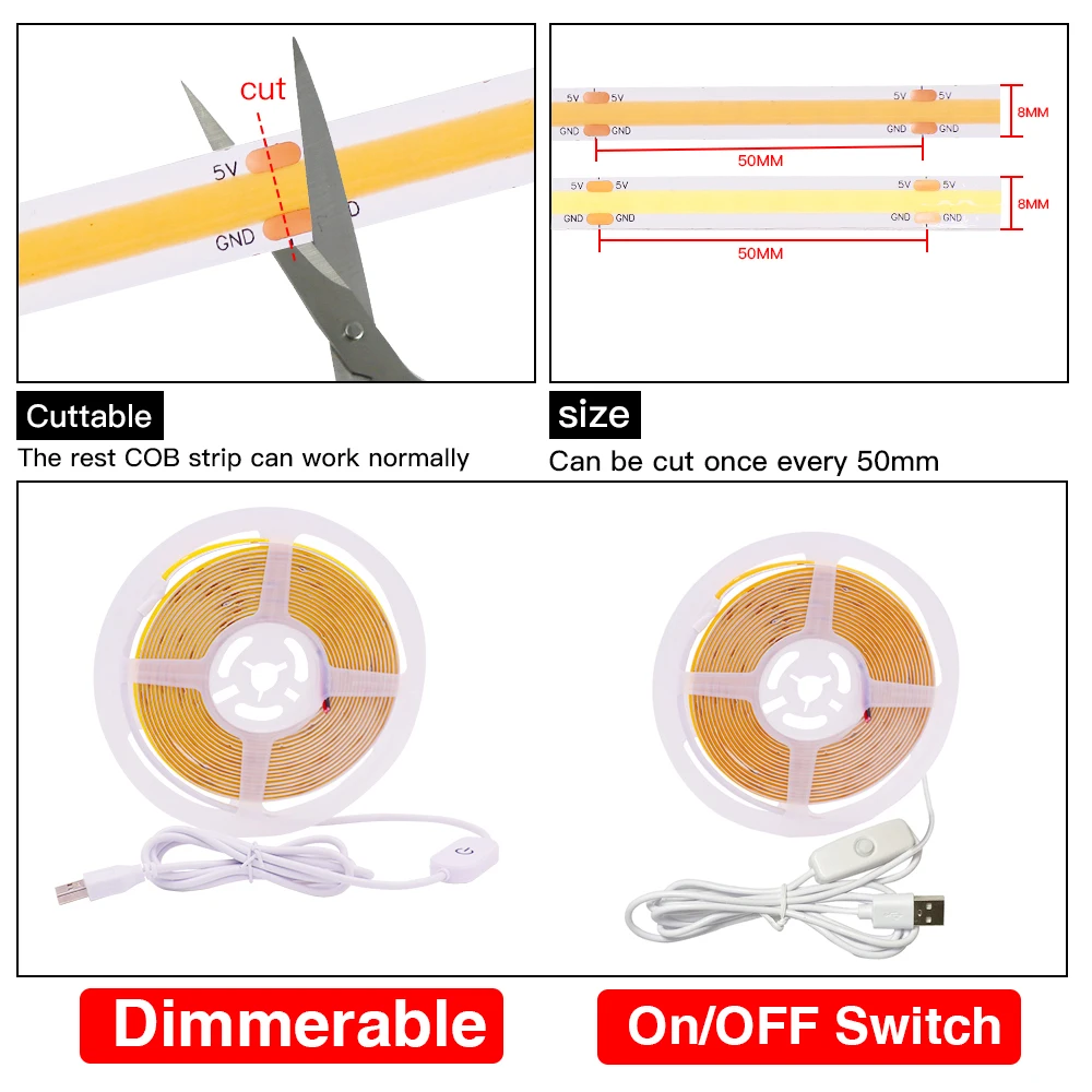 Dimmbarer COB-Streifen DC 5 V USB 320 LEDs/m Weiß/Warmweiß/Rot/Blau/Grün Hochdichtes flexibles LED-Band RA90 FOB LED-Licht