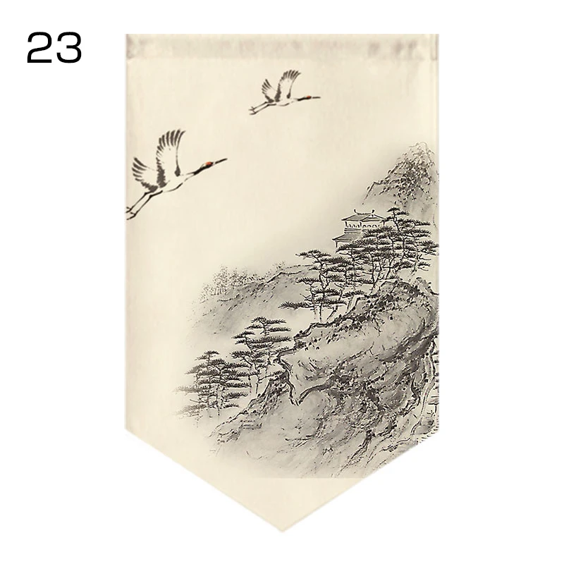 Chinese Style Ink Landscape Scenery Hanging Half Curtain  Kitchen Noren Doorway Partition Triangle Flag Restaurant Coffee Drapes