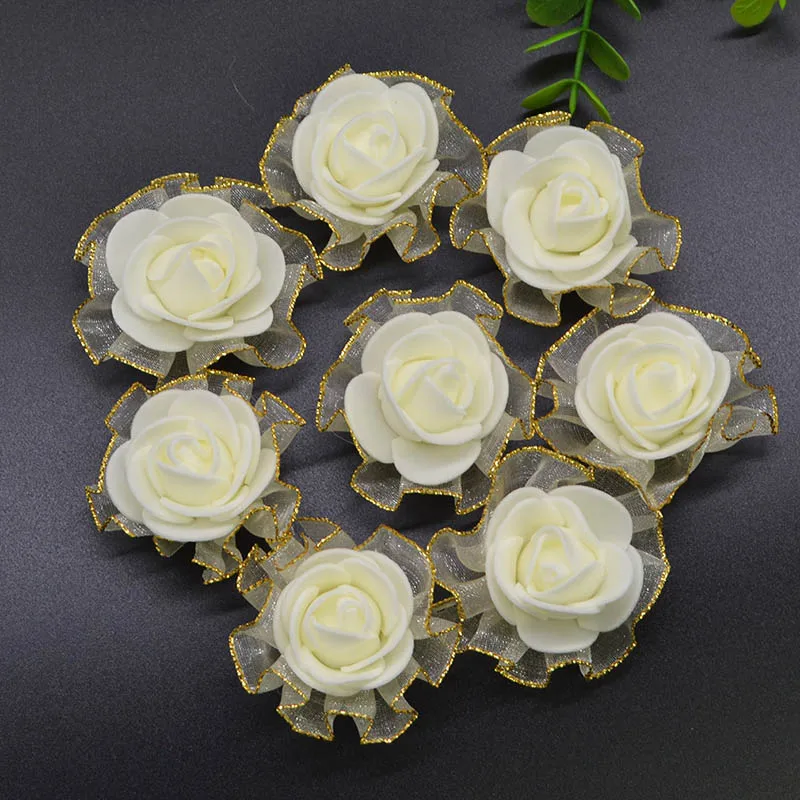 50pcs 4cm Mini Foam Rose Heads White Beige Artificial Flowers Wedding Decoration Floral DIY Wreath Bouquet Fake Roses Home Decor