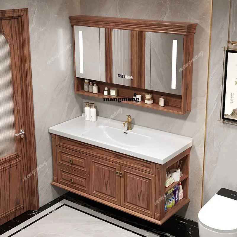 New design American red oak washstand ceramic integrated basin face wash cabinet solid wood rock slab bathroom cabinet combinati