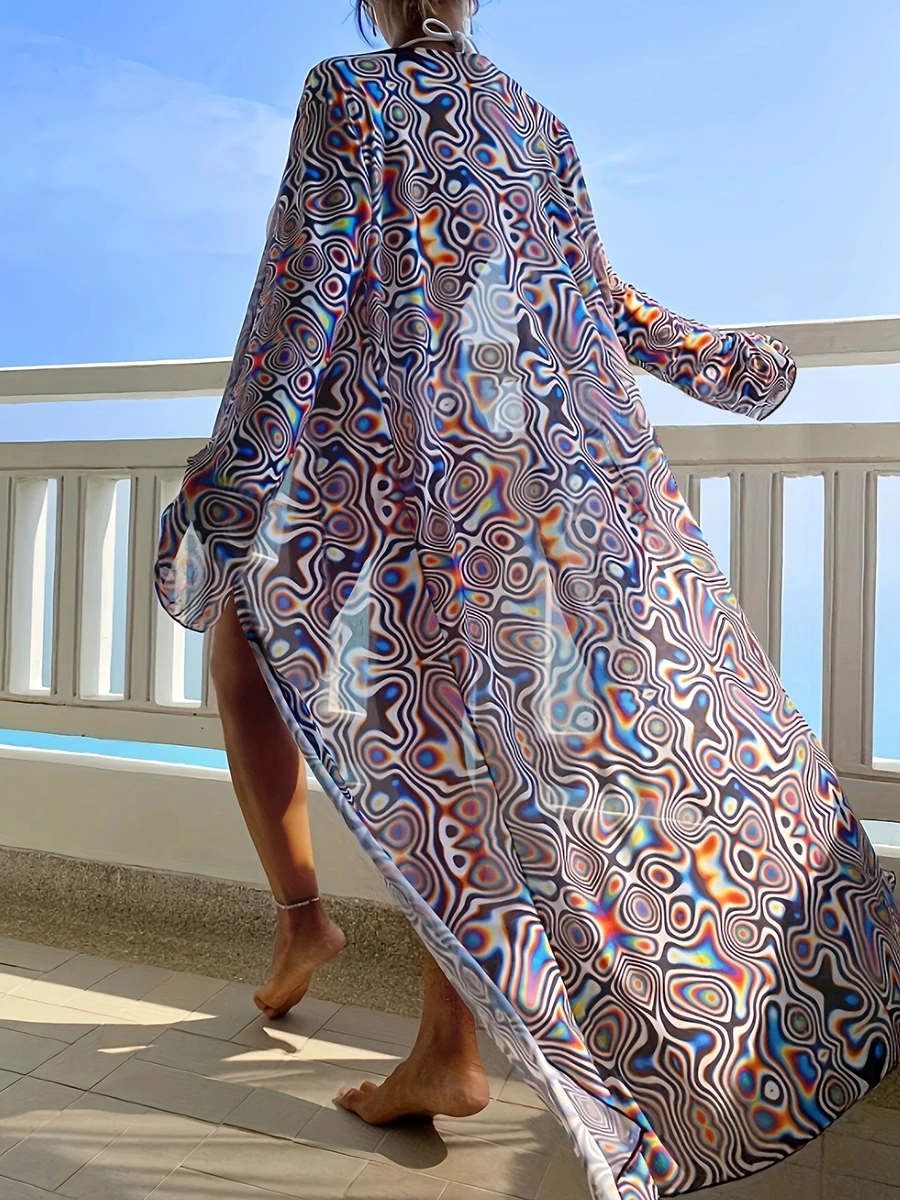 2024 Large Size Print Beach Cover Up Long Sleeve One Piece Kimono Women Swimwear Female Bathing Suit Beachwear Swimming