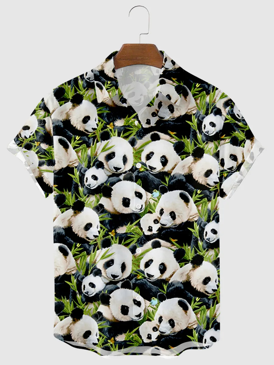 

New Cross-border Panda Creative Print Short Sleeve Striped Print Summer Break Loose Short Sleeve Shirt Men's