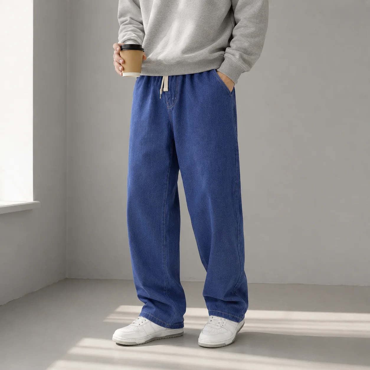 Men's Streetwear Jeans Korean Style Loose Straight Wide Leg Denim Pants Autumn Winter Casual Drawstring Fashion Long Trousers